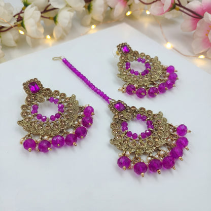 Golden and Purple pearls earrings maang tikka set