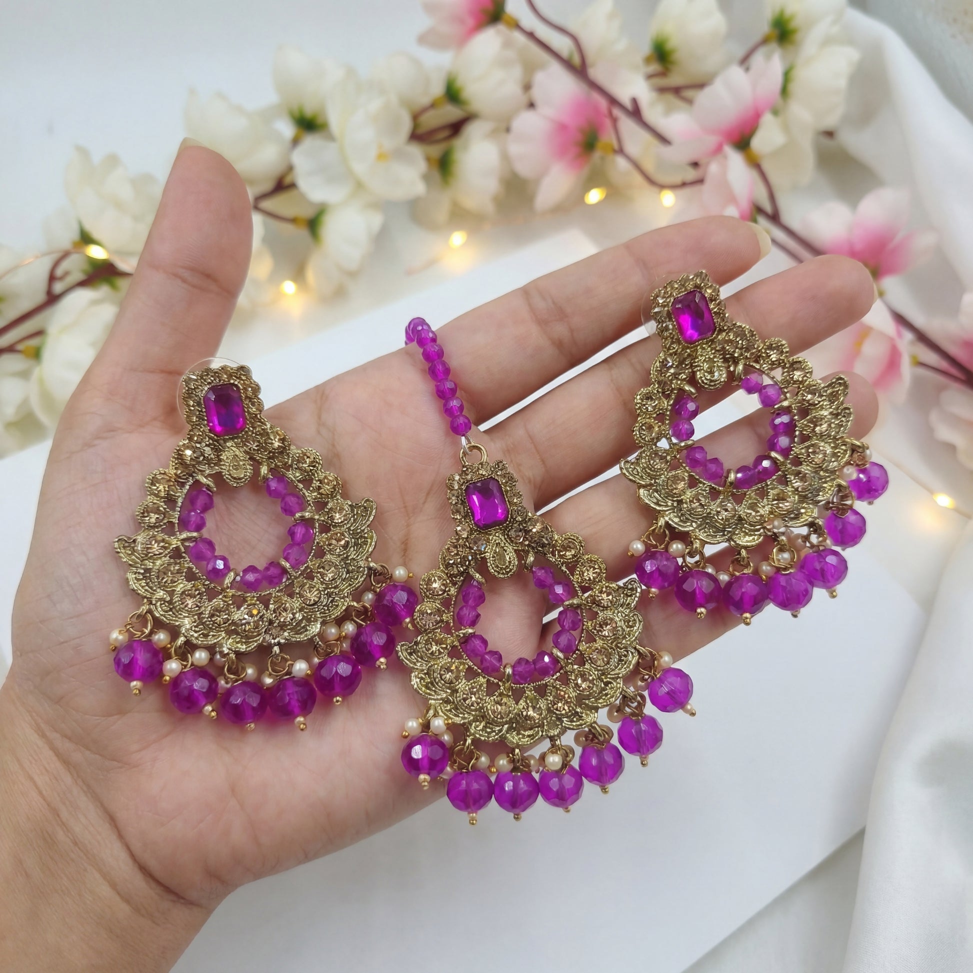 Golden and Purple pearls earrings maang tikka set