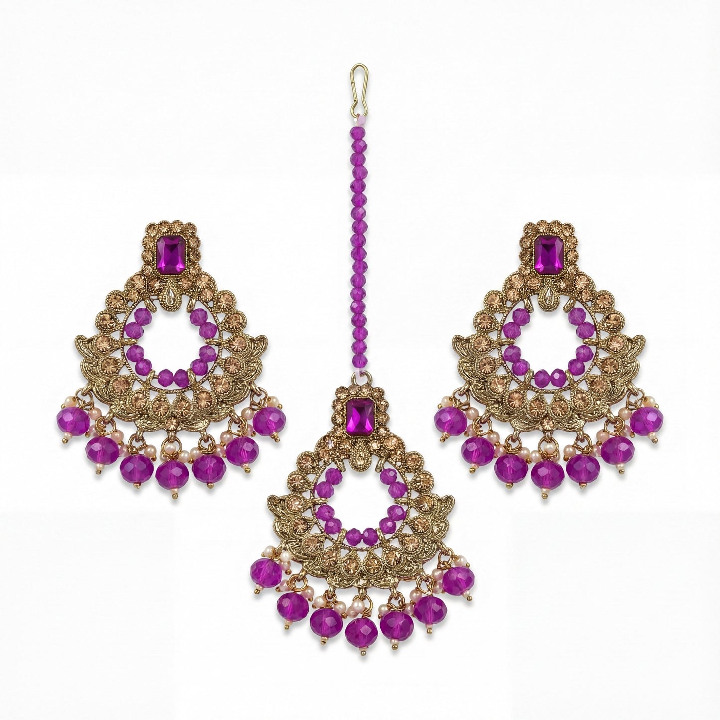 golden and purple pearls earrings maang tikkaa set