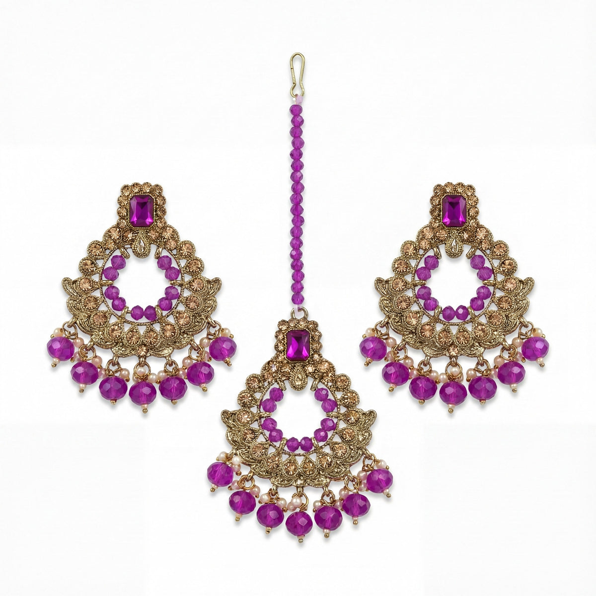Golden and Purple pearls earrings maang tikkaa set