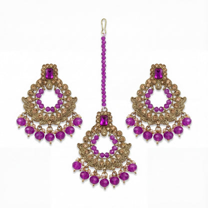 Golden and Purple pearls earrings maang tikkaa set