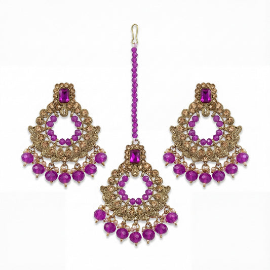 Golden and Purple pearls earrings maang tikkaa set