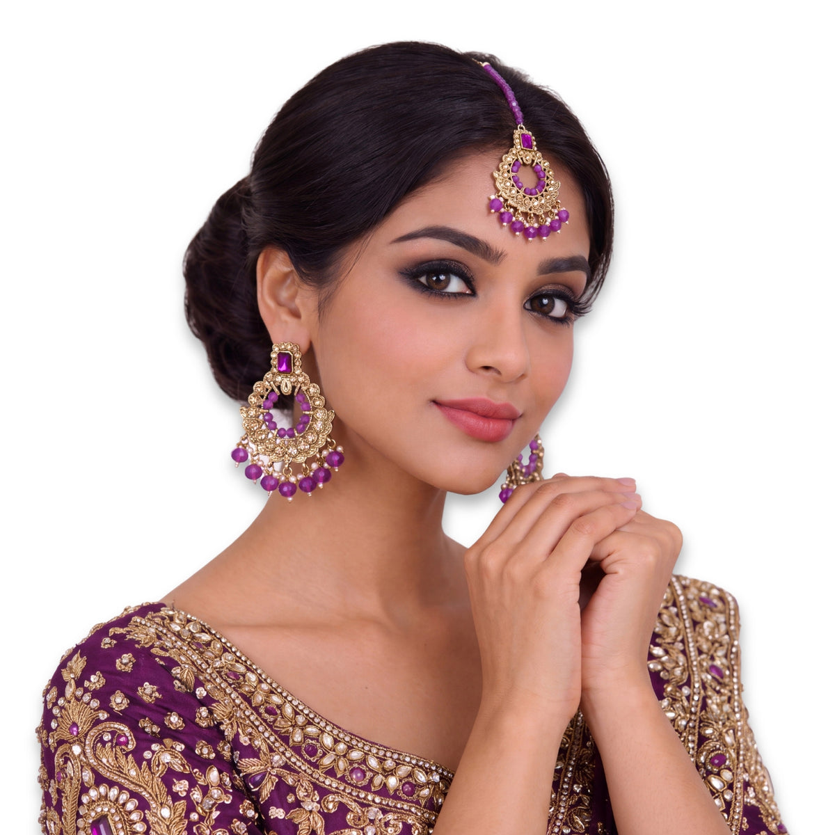 Golden and Purple pearls earrings maang tikka set