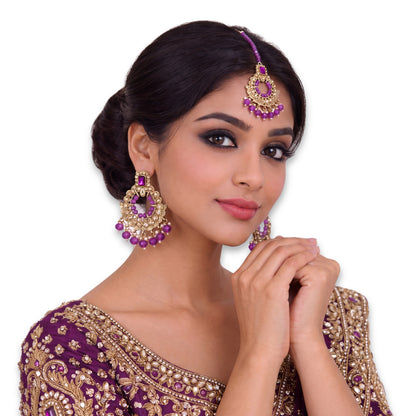 Golden and Purple pearls earrings maang tikka set