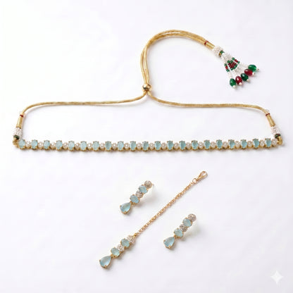 Mint green Choker Necklace Set with Earrings & Tikka | Indian Bridal Jewellery | Wedding Jewellery | Adjustable Choker