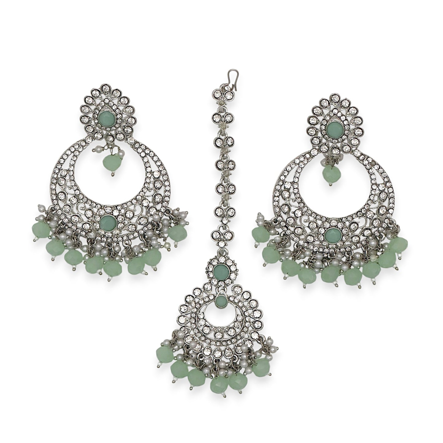 silver mint green earrings tikka set displayed together showing soft colour and stone detailing