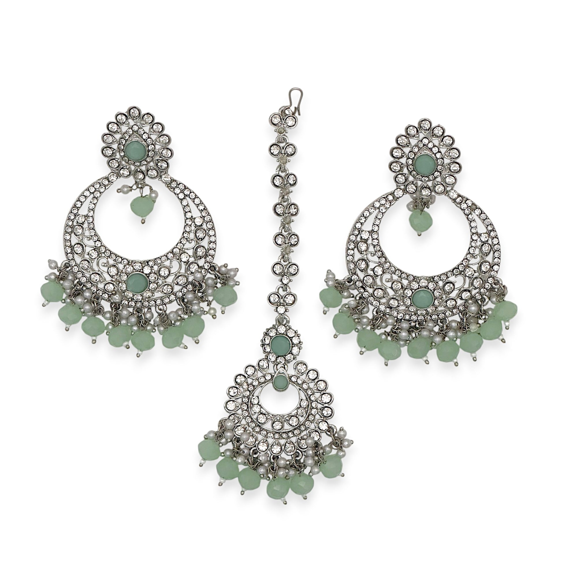 Silver Mint Green Earrings Tikka Set displayed together showing soft colour and stone detailing