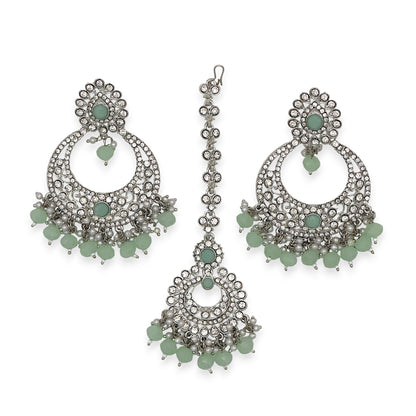 Silver Mint Green Earrings Tikka Set displayed together showing soft colour and stone detailing