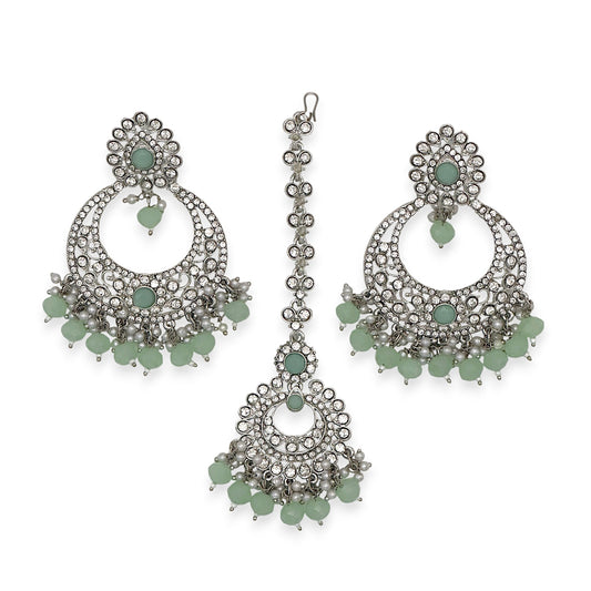 Silver Mint Green Earrings Tikka Set displayed together showing soft colour and stone detailing