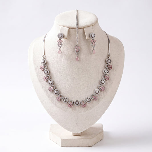 Silver and Baby Pink Necklace, Earrings and Tikka Set arranged together showing soft pink tones