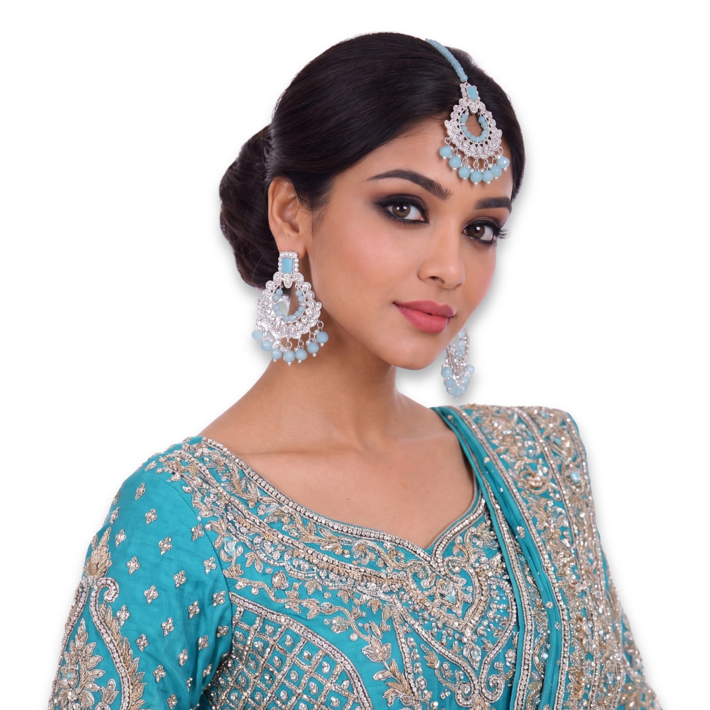 light blue mang tikka and earrings set for your event