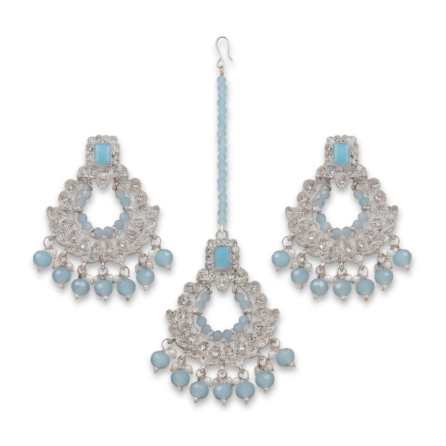 light blue mang tikka and earrings set for your event