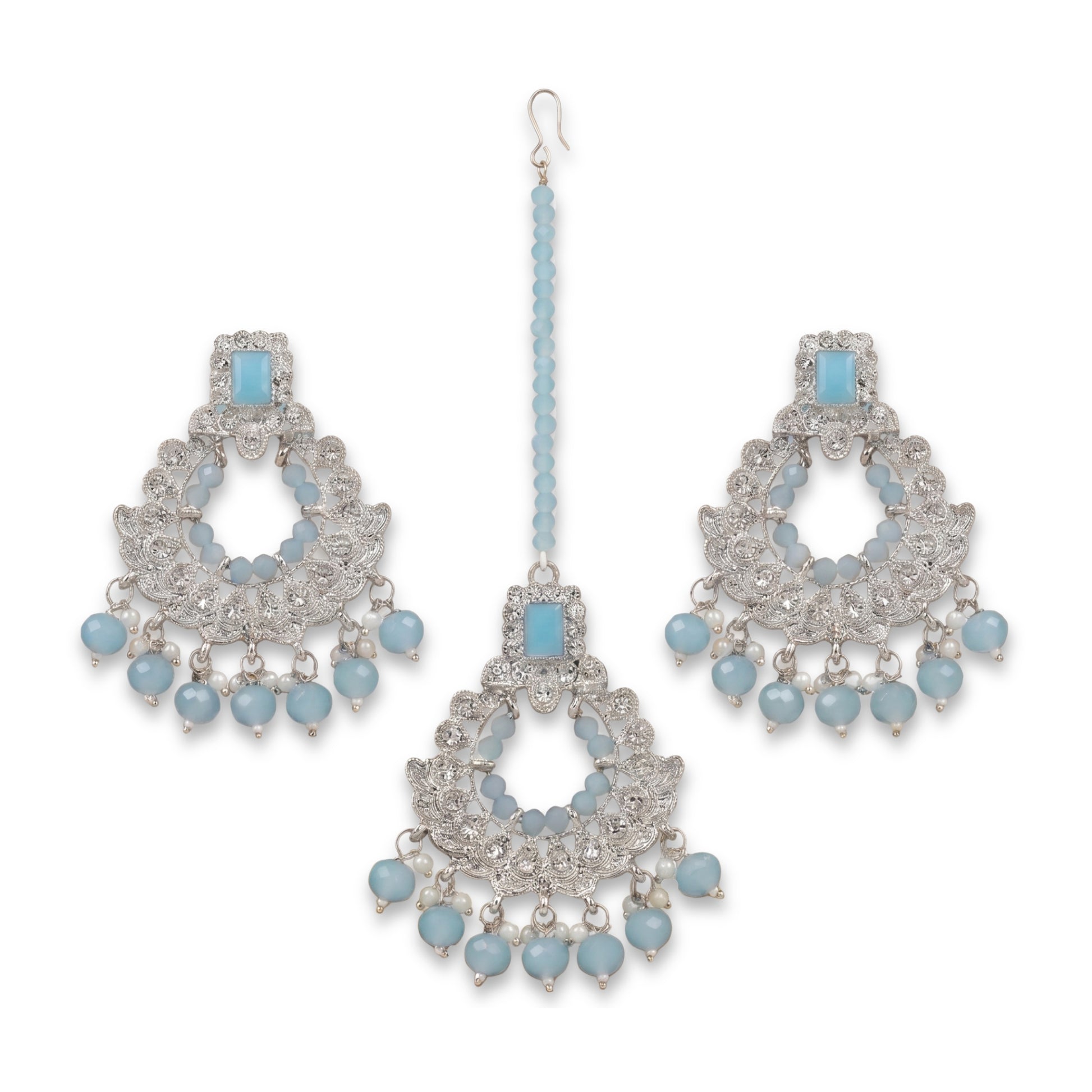 Light Blue Mang Tikka and Earrings Set for your event