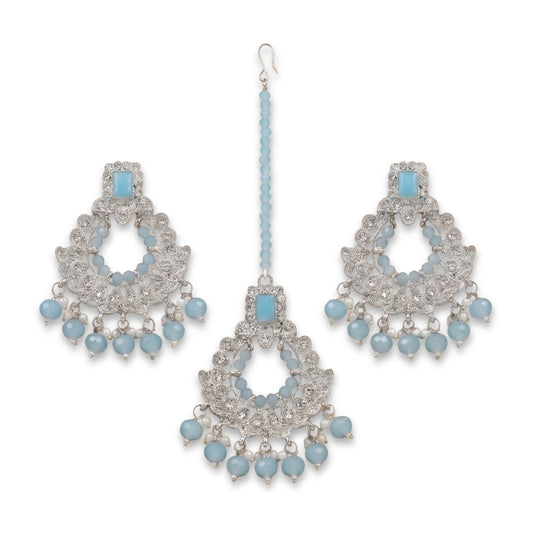 Light Blue Mang Tikka and Earrings Set for your event