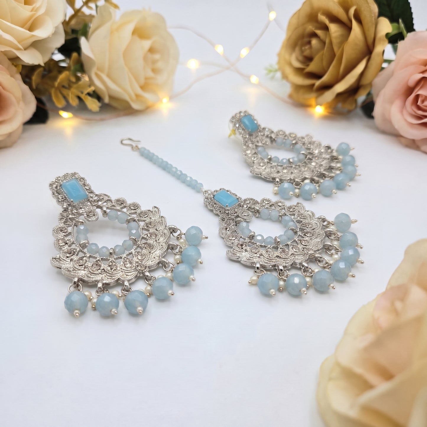 light blue mang tikka and earrings set for your event