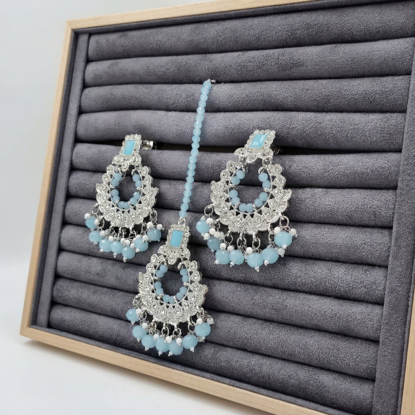 light blue mang tikka and earrings set for your event