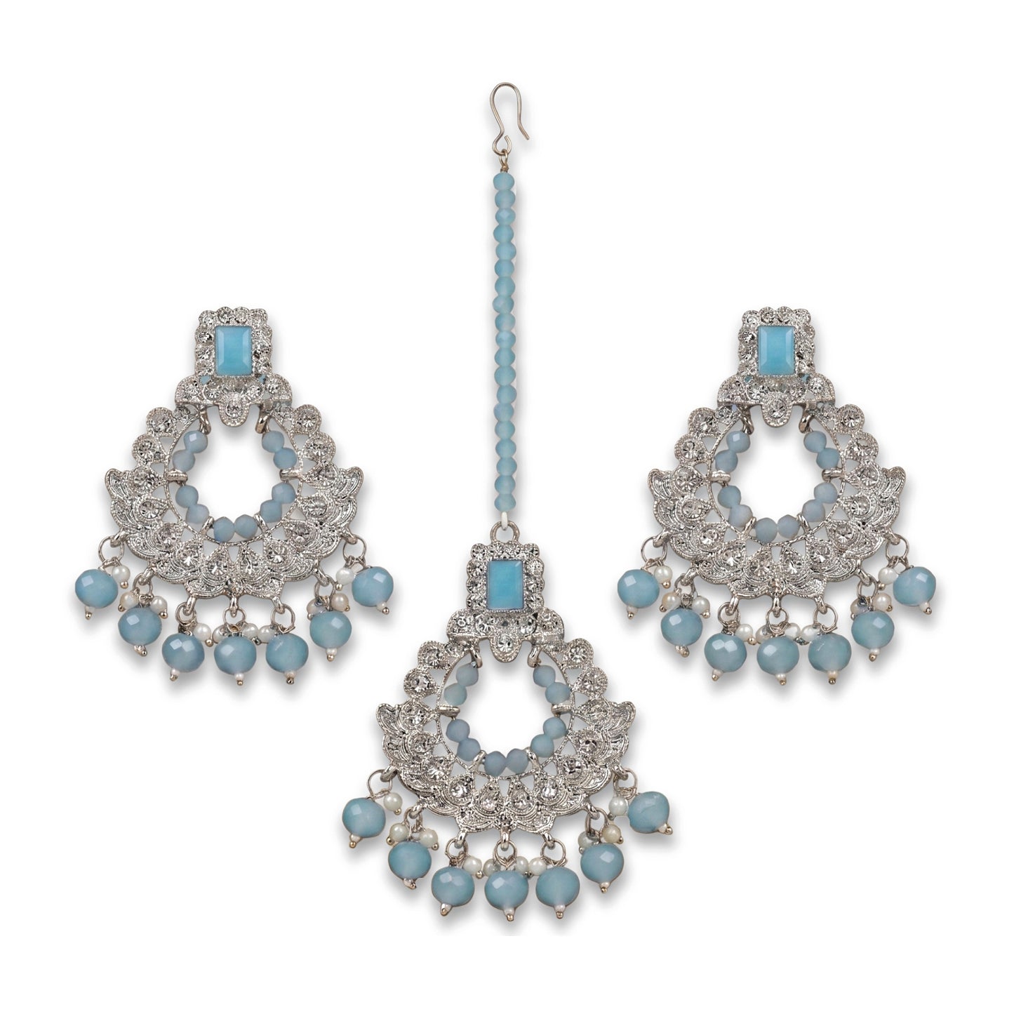 light blue mang tikka and earrings set for your event