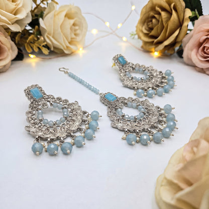 Light Blue Mang Tikka and Earrings Set for your event