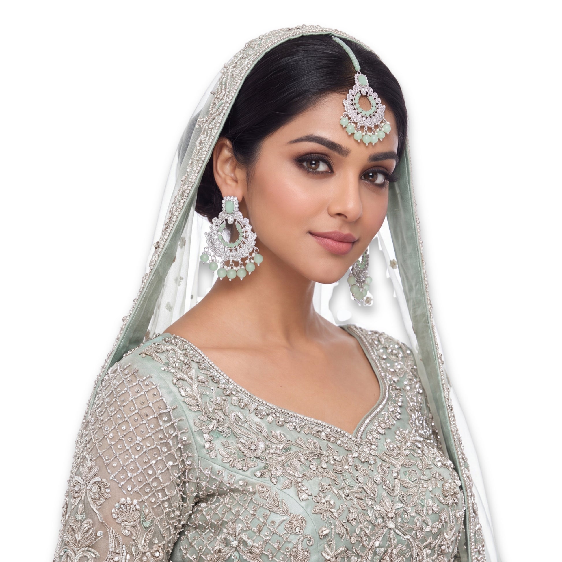 Silver and Light Green Earrings Tikka Set