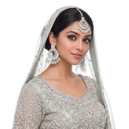 Silver and Light Green Earrings Tikka Set
