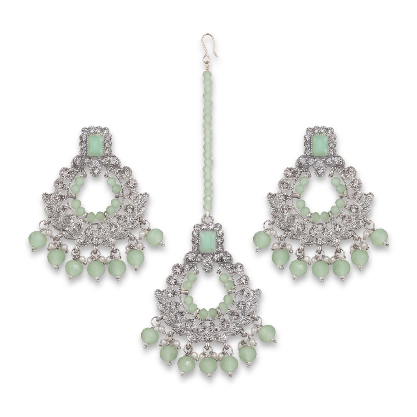 silver and light green earrings tikka set