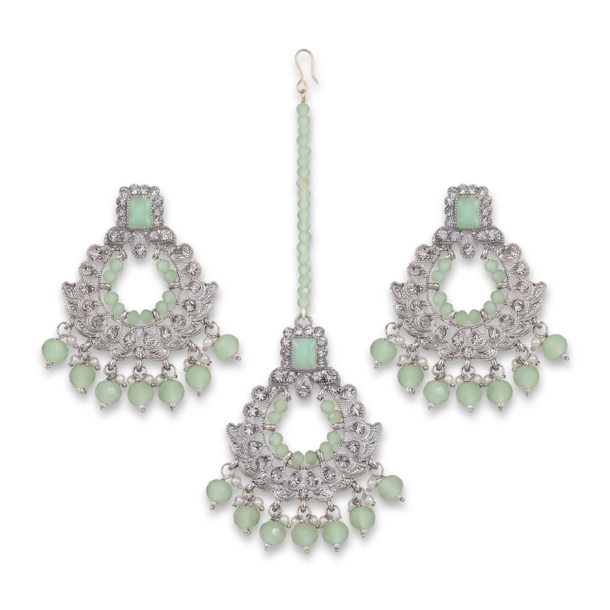 Silver and Light Green Earrings Tikka Set