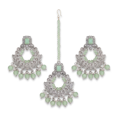 Silver and Light Green Earrings Tikka Set