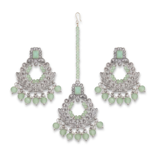 Silver and Light Green Earrings Tikka Set