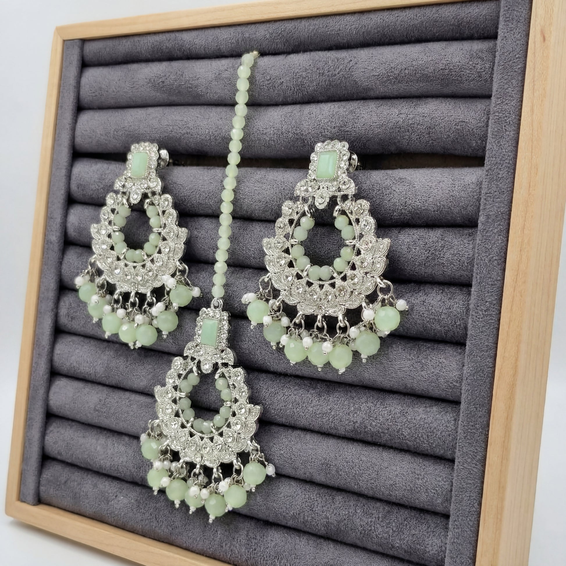 Silver and Light Green Earrings Tikka Set