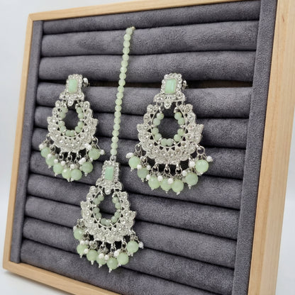 Silver and Light Green Earrings Tikka Set