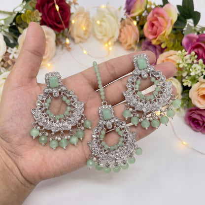 Silver and Light Green Earrings Tikka Set