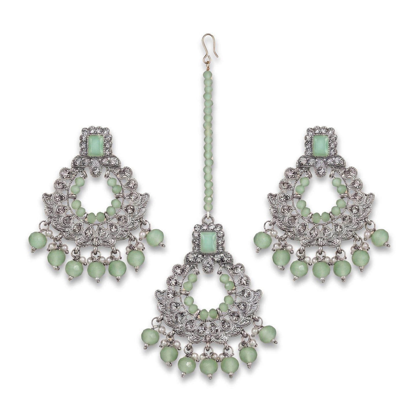 silver and light green earrings tikka set