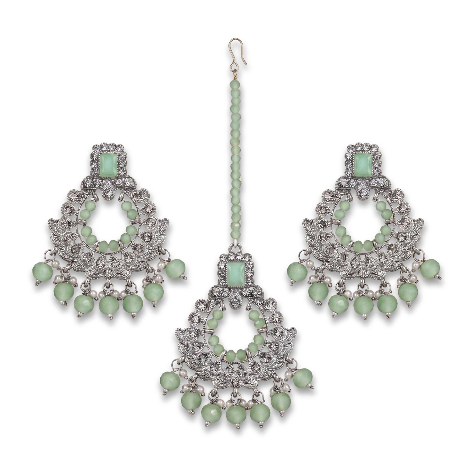 Silver and Light Green Earrings Tikka Set