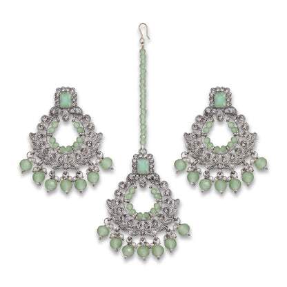 Silver and Light Green Earrings Tikka Set