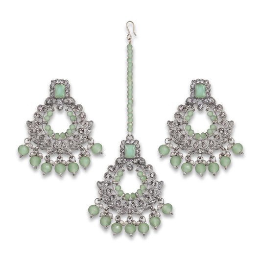 Silver and Light Green Earrings Tikka Set
