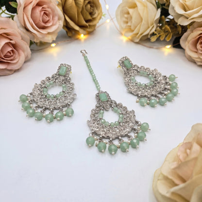 Silver and Light Green Earrings Tikka Set