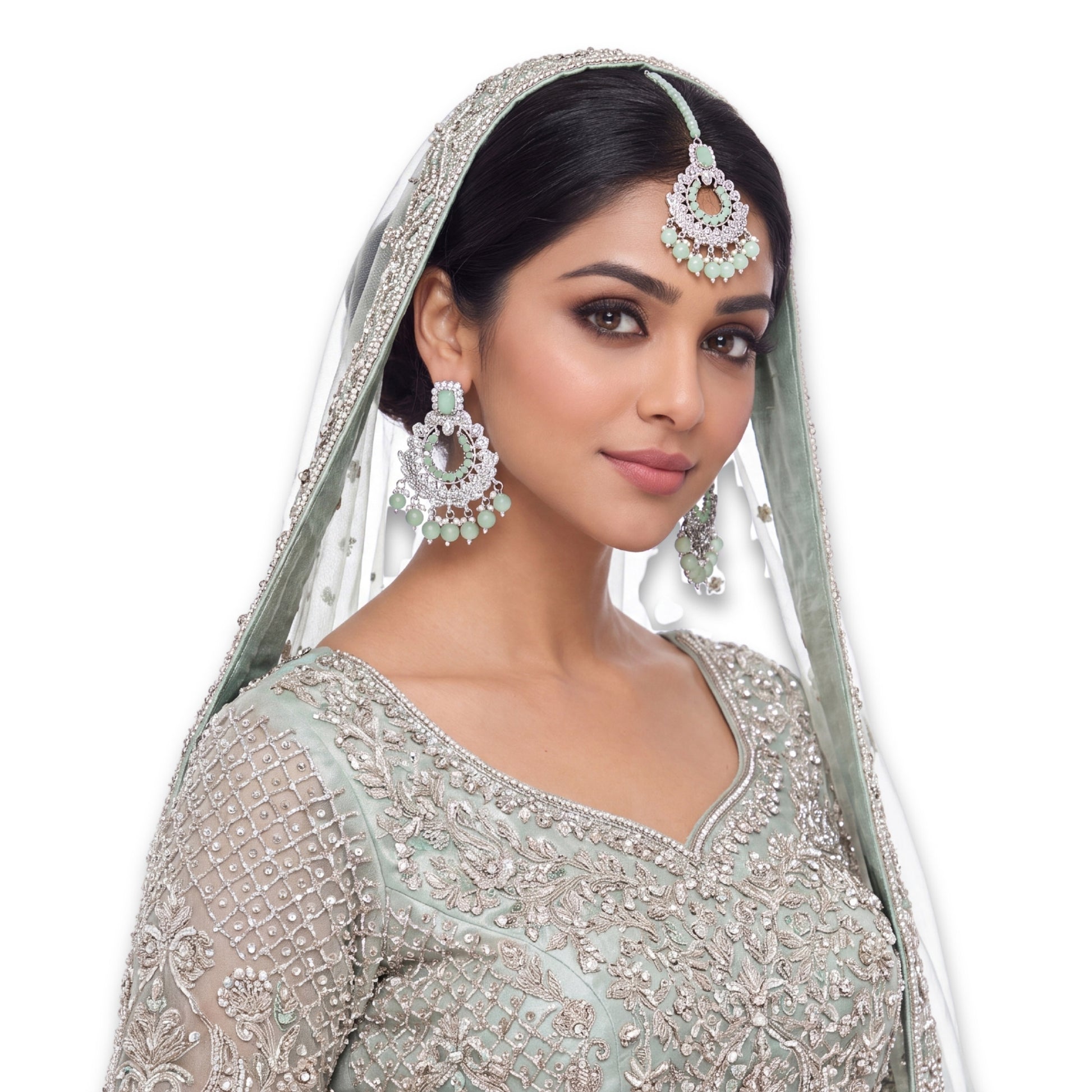 Silver and Light Green Earrings Tikka Set