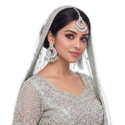 Silver and Light Green Earrings Tikka Set