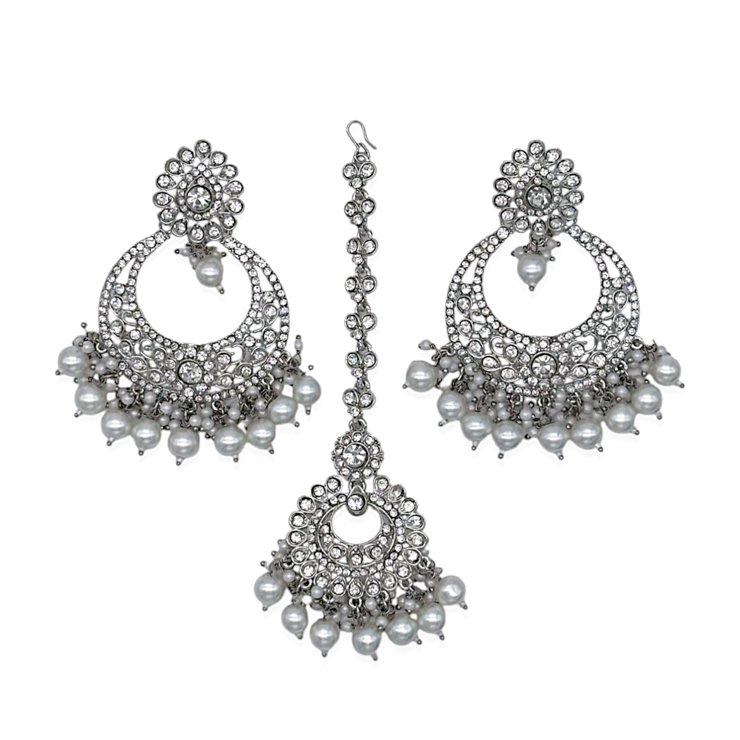 stunning silver earrings and mang tikka set - indian jewelry