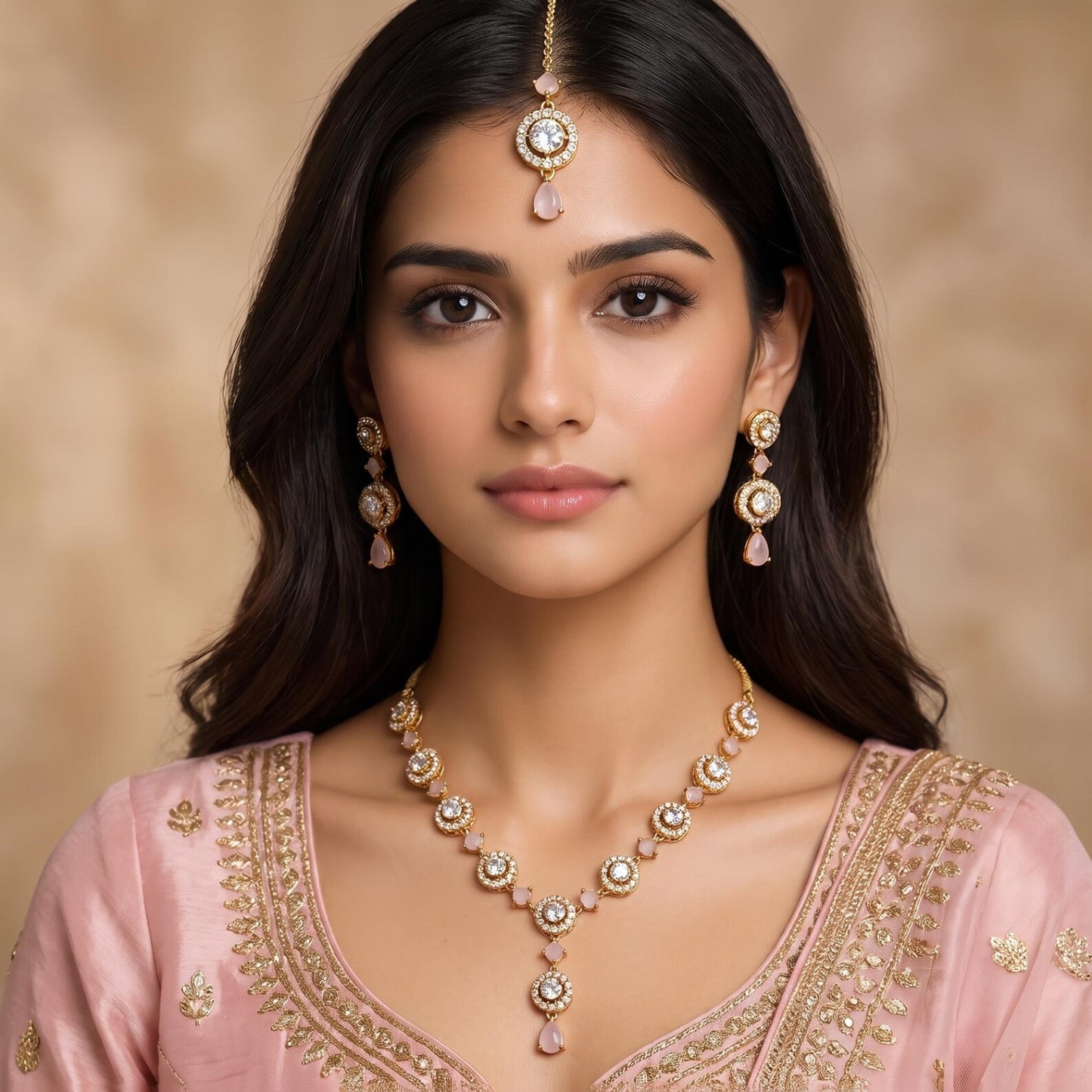 the baby pink earrings and tikka from the set photographed side by side for a closer look