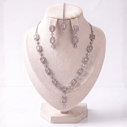 Simple Baby Pink Necklace Set with Earrings and Tikka displayed together showing soft detailing