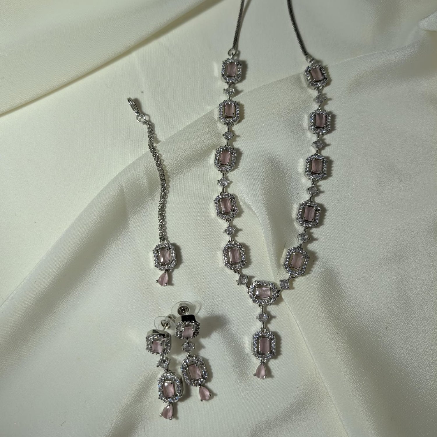 Baby Pink Necklace Set styled elegantly on a mannequin for a wedding and party jewellery look