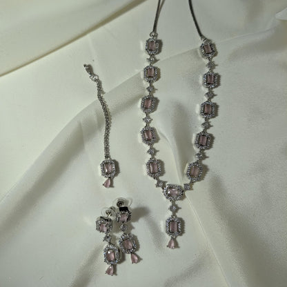Baby Pink Necklace Set styled elegantly on a mannequin for a wedding and party jewellery look