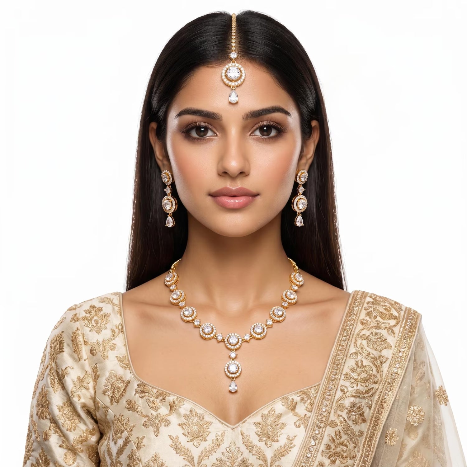 A model completes her outfit wearing the Simple Gold and White Necklace, Earrings and Tikka Set