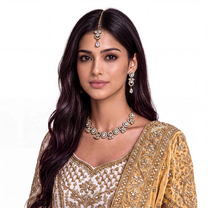 Model wearing the Simple Gold and White Necklace, Earrings and Tikka Set for a complete festive look