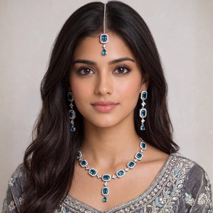 This Simple Light Blue Necklace Set styled on a mannequin, ready for a wedding or festive party