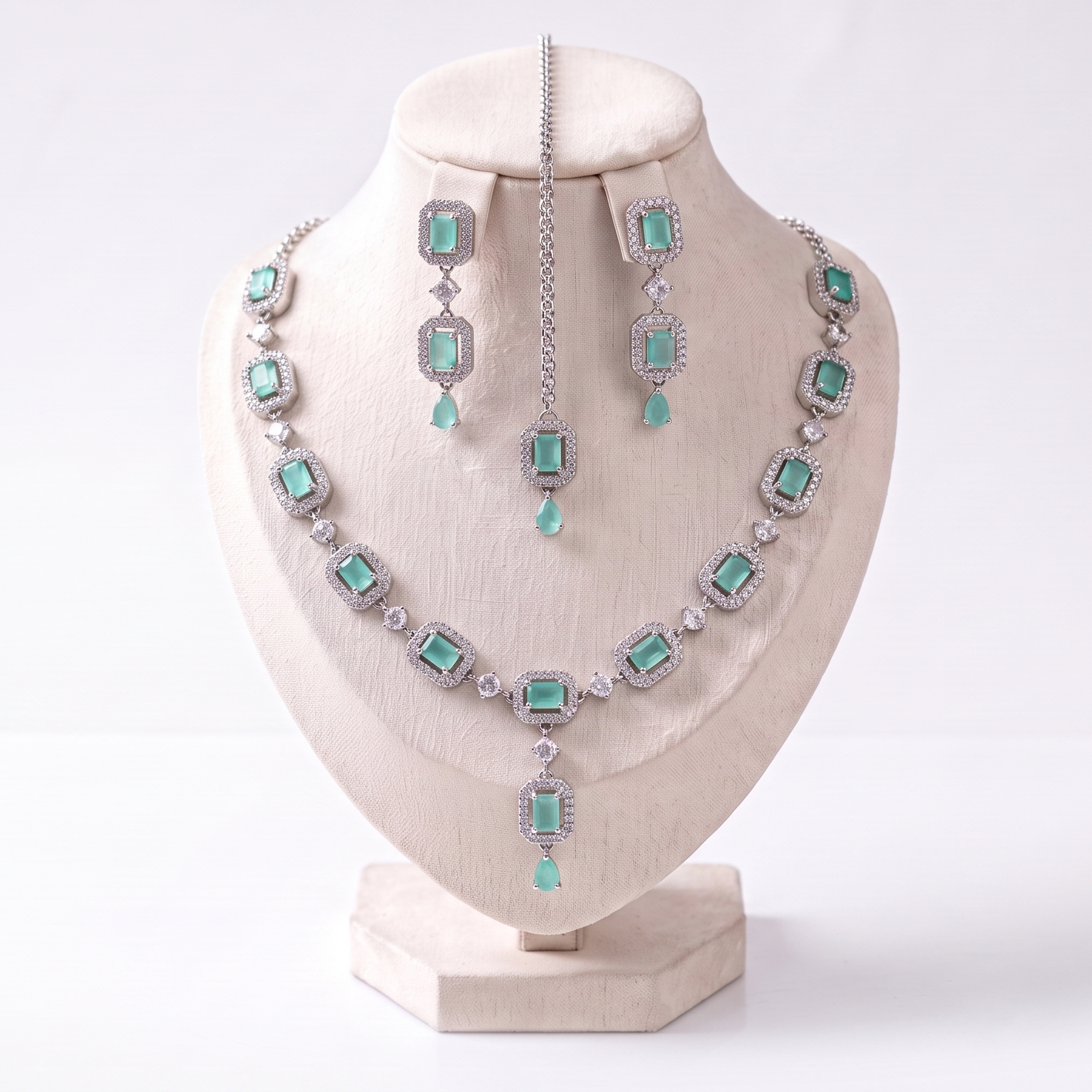 Simple Mint Green Necklace Set with Earrings and Tikka displayed together showing soft detailing