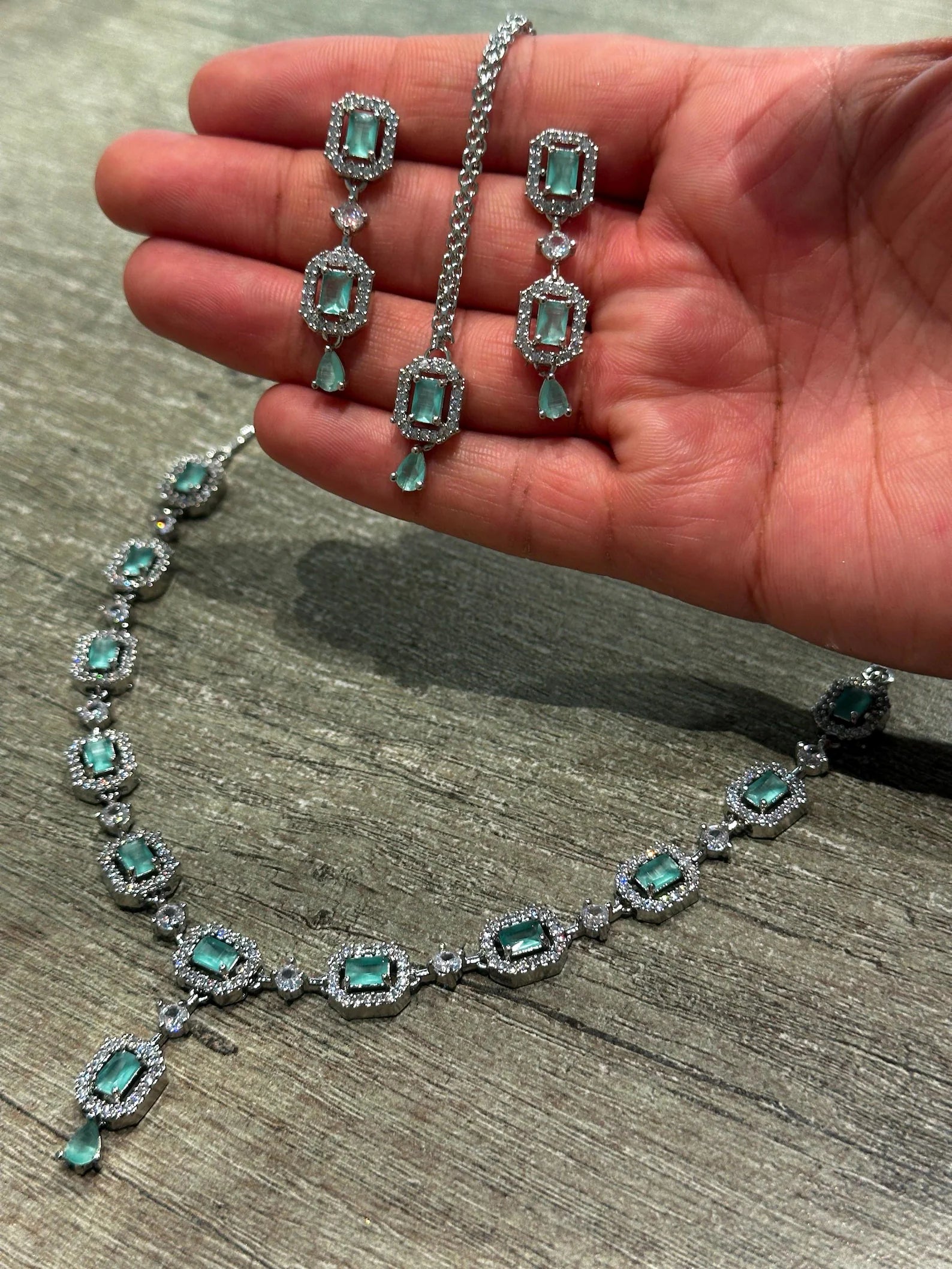 Mint Green Necklace Set styled elegantly on a mannequin for a wedding and party jewellery look