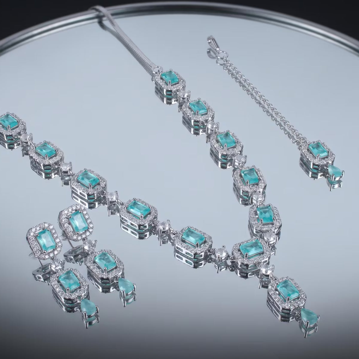 Mint Green Necklace Set styled elegantly on a mannequin for a wedding and party jewellery look