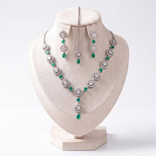 Simple Mint Green Necklace Set with Earrings and Tikka displayed together showing soft detailing